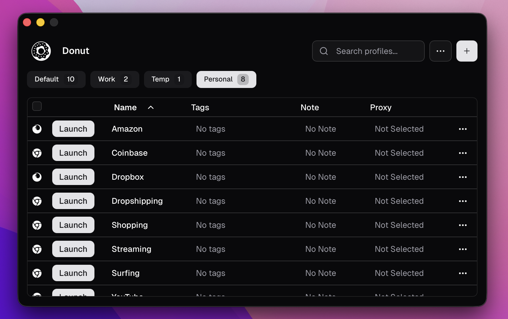 Donut Browser interface showing multiple profiles